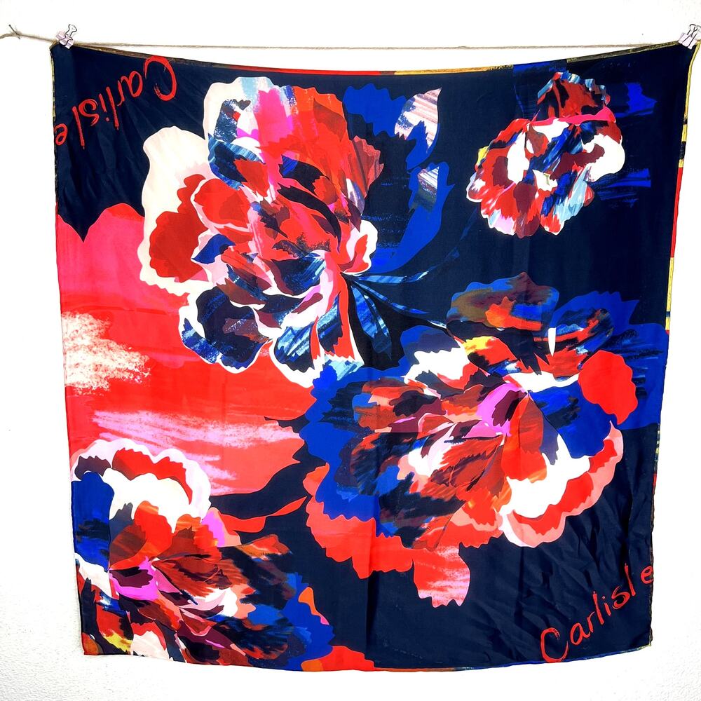 Carlisle Vintage Square Silk Scarf Painted Floral Navy Blue Red Flowers